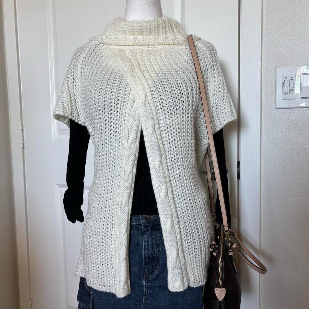 y2k White Knit Sweater Cardigan Short Sleeve with Open Front Turtleneck
